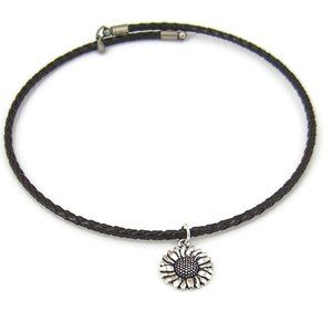 Sunflower Choker Necklace Memory Wire Adjustable Faux Braided Leather